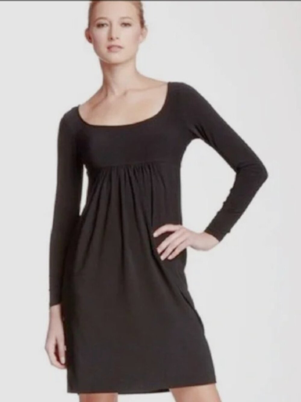 Kamali Kulture U Neck Chemise Empire Black Dress Long Sleeve Women's S